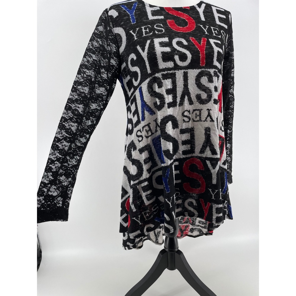 Mishca Artsy Funky Tunic Top‎ Women's Medium YES Print Lace Sleeve High Low Hem